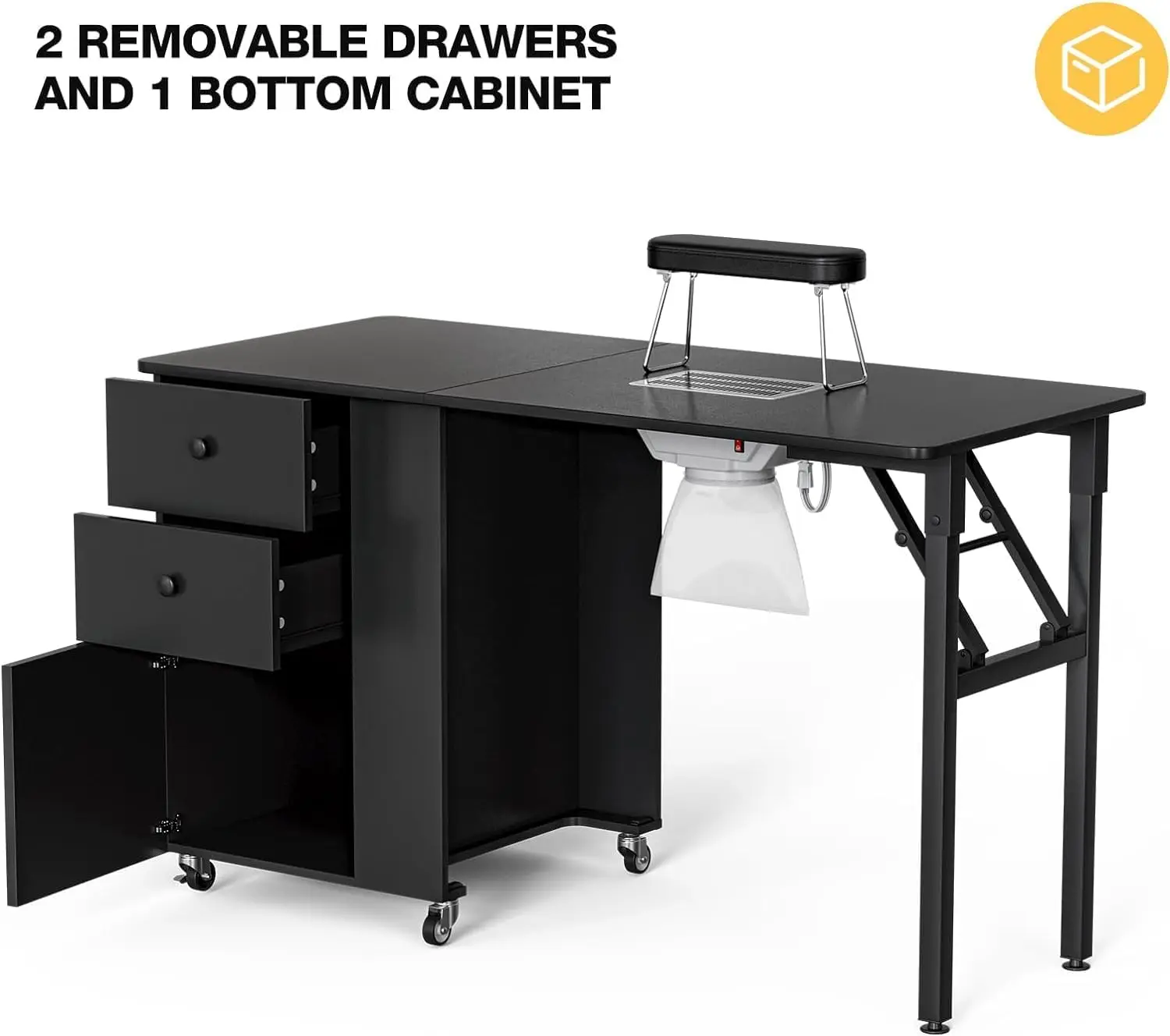 Foldable Manicure Table Nail Desk, Foldable Rolling Nail Table Station with Built-in Dust Collector, Adjustable Length