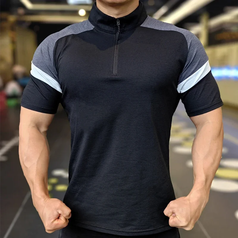 Mężczyźni Fitness Running Half Zip Training Wear Summer High Elasticity Slim Fit Tee Outdoor Hiking and Trekking T-shirt Muscle Tight