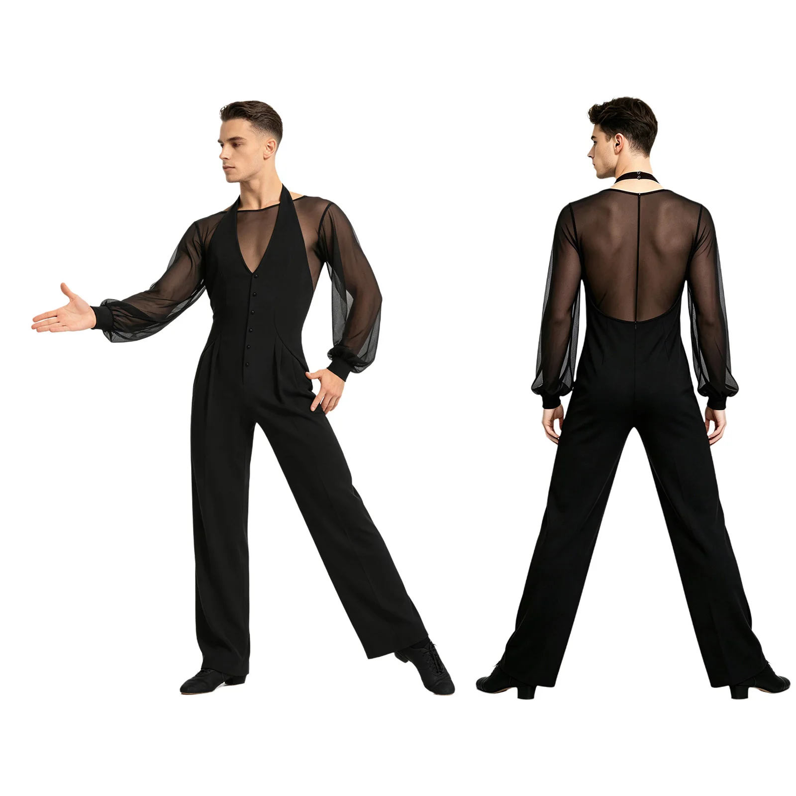 Men Samba Latin Jazz Dance Leotard Deep V-neck Long Sleeve Backless Rhinestones Sheer Mesh Jumpsuit for Ballroom Salsa Dancewear