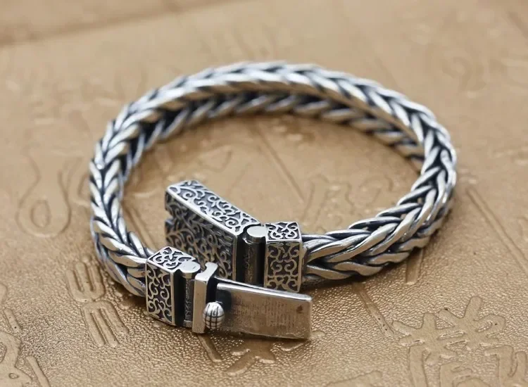 New Silver Color Chinese Trendy Men\'s Personalized Hand-woven Twist Buckle Bracelet Retro Ethnic Style Chain Jewelry Accessories