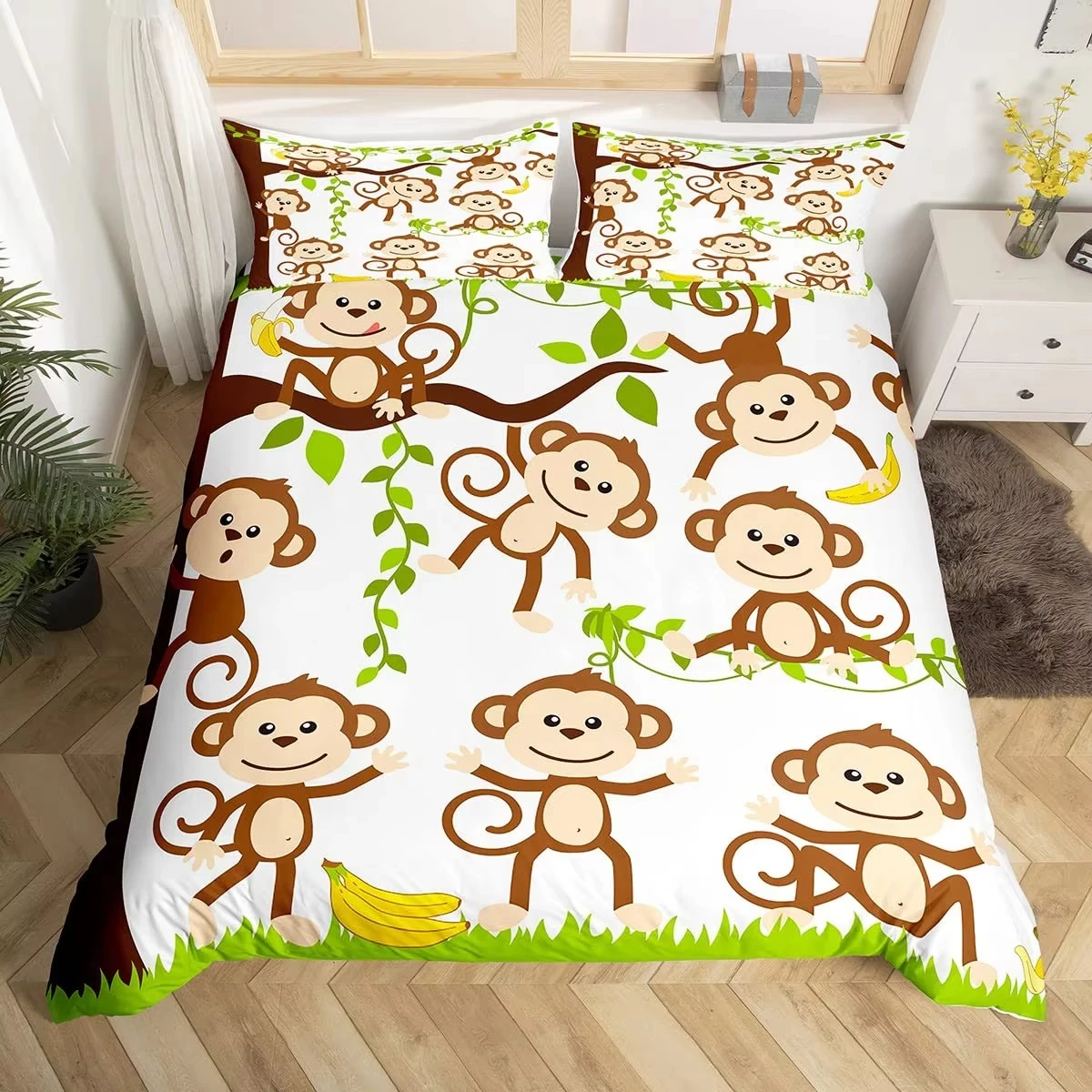 Kids Monkey Duvet Cover Funny Animal Bedding Set Natural Botanical Comforter Cover Full King Size for Children Boys Girls Room