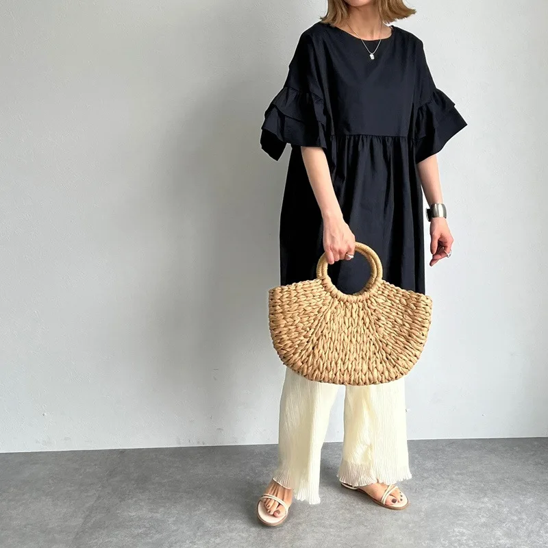 Double Layer Ruffles Short Sleeve Shirt Dress Solid Loose Casual Mini Robe Femme Elegant Patchwork Japanese O-neck Vestidos