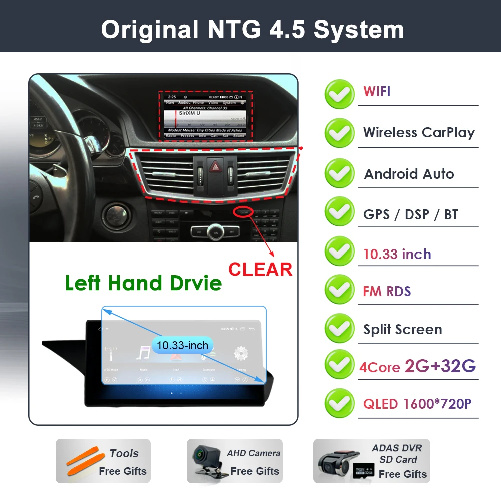 Draadloze Carplay voor Mercedes Benz E-Klasse W212 2009-2015 Android 16 autoradio video DSP stereo GPS QLED touchscreen 4G WiFi BT