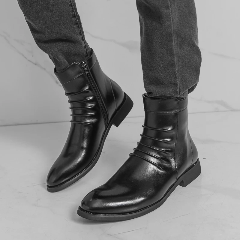 

Fashionable Side Zipper Elegant Mens Casual Boots Branded Business High Top Leather Boots High-quality Comfortable Chelsea Boots