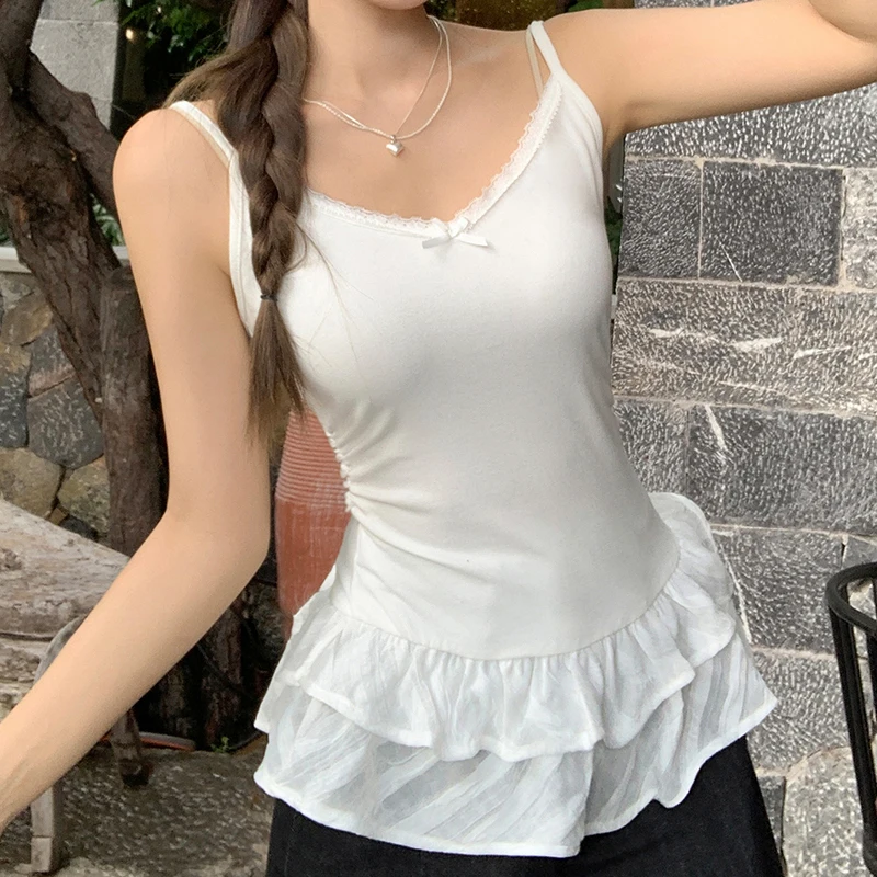 

White Camisole Top for Women with Ruffle Double-layer Skirt bow Sleeveless Tank Top Splicing Slimming Strapless Base Vest Tees