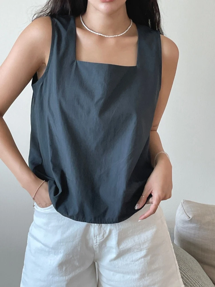 

Женский белый корейский топ с квадратным воротником в стиле ретро, лето 2024, модный универсальный высококачественный жилет