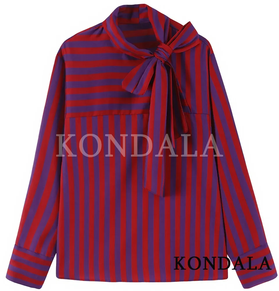 KONDALA Women Vintage Casual Bow Striped Shirt Elegant Buttons-Neck Pullover Shirt 2026 Fall Trendy High Street Commute Shirts
