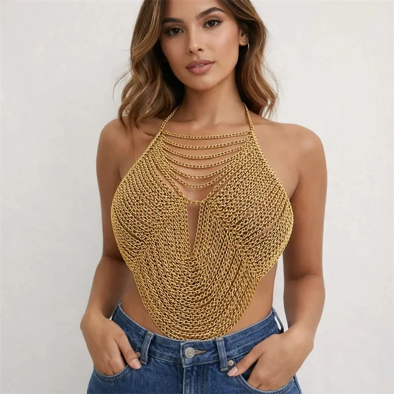 Damen Metall-Kettenhemd-Top, Sexy Ausgeschnittenes Rückenfreies Körperketten-Crop-Top für Rave-Festival-Party-Clubwear in Gold- und Silberfarben – Detail 2