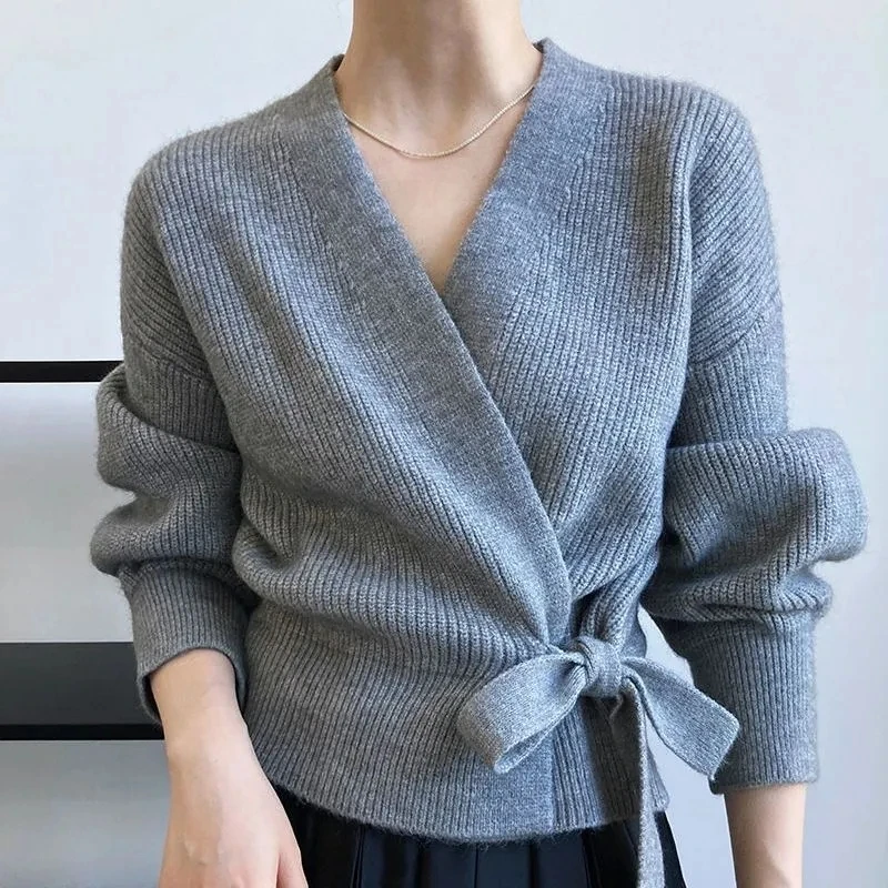 Korean Fashion Knitted Cardigan For Women High Quailty Casual V-Neck Lantern Sleeve Lace-Up Short Sweater Lady Elegant Knitwear