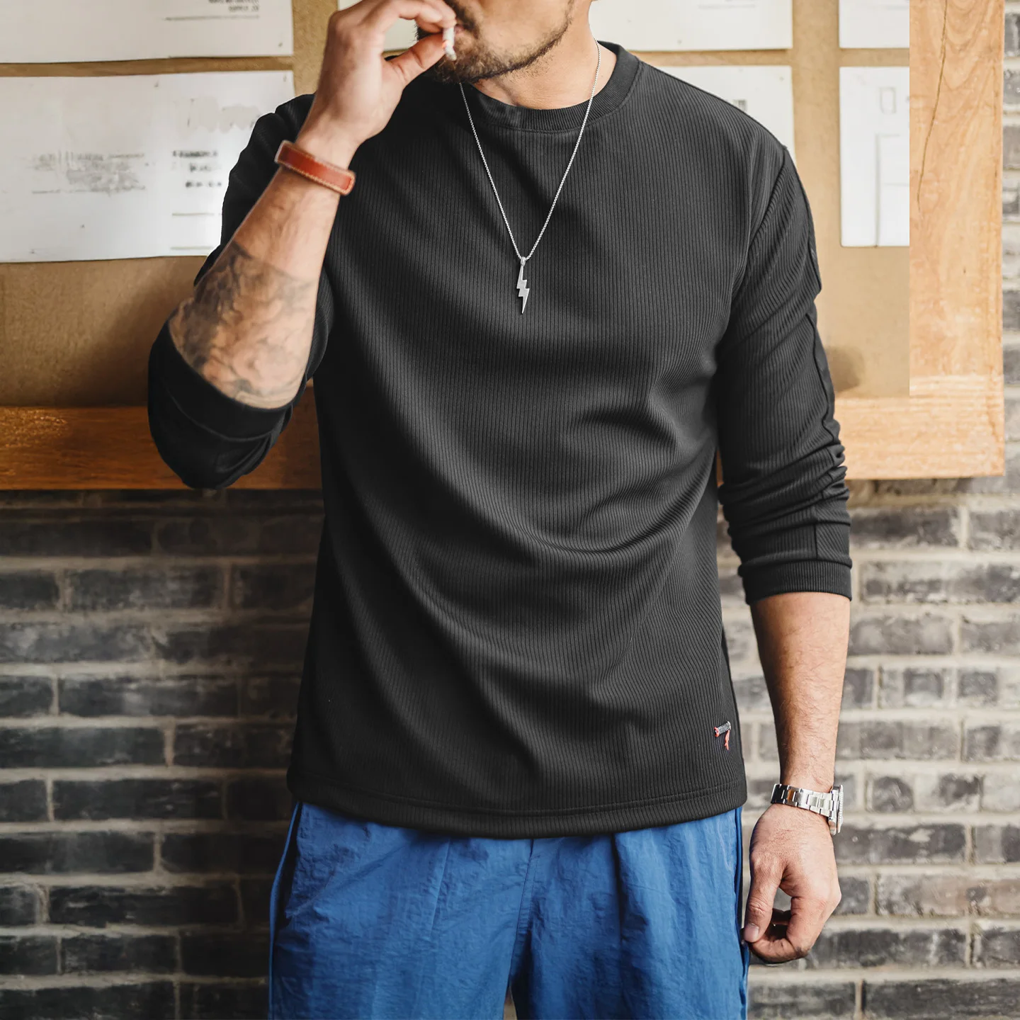 Maden Men's Solid Crewneck Long Sleeve T-Shirt Rib Knit Layering Tee Casual Everyday Spring Fall Pullover