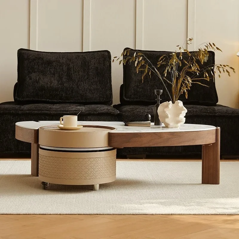 A Medieval rotating rock slab coffee table small apartment high-end saddle leather storage coffee table