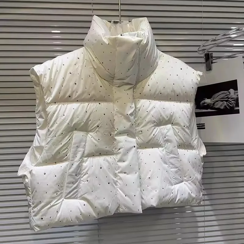 

2025 зимняя женская повседневная хлопковая жилетка со стразами, куртка с воротником-стойкой на молнии, однотонный теплый жилет без рукавов, женская пуховая верхняя одежда