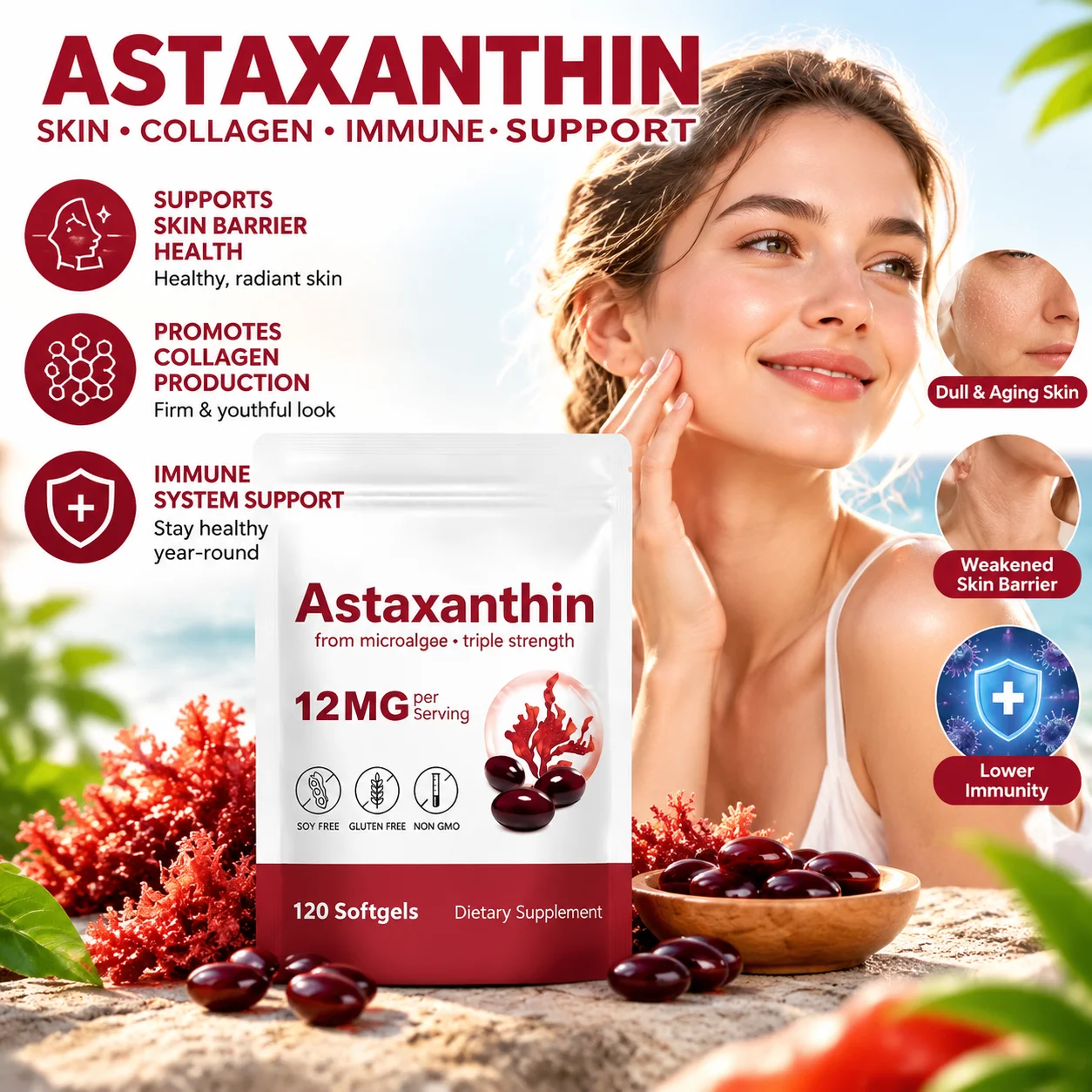 Astaxanthin Softgels 12mg Antioxidant Supplement, Supports Skin Barrier Health, Collagen Production & Immune System 120 Softgels
