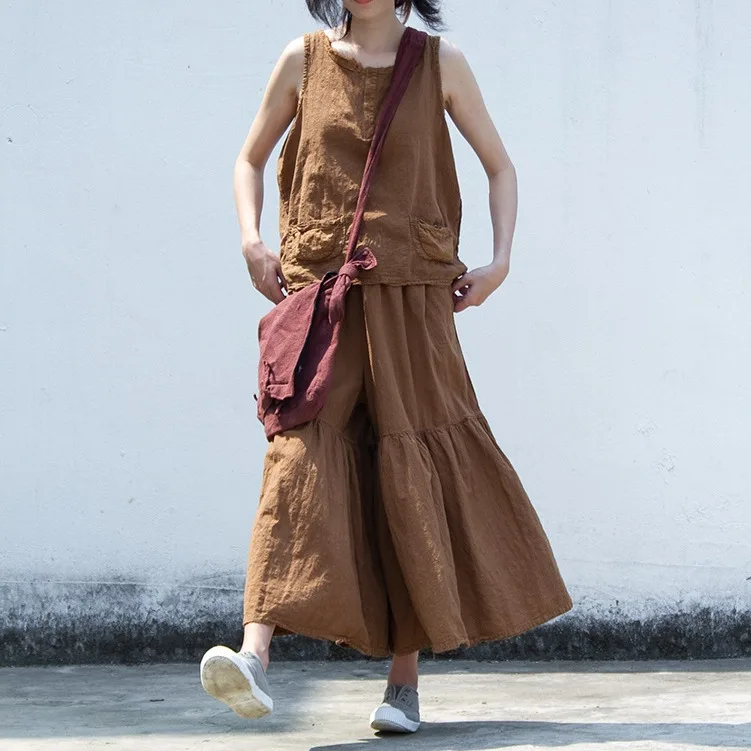 

Sand washed linen cotton elastic waist exaggerated creative lotus leaf design super loose casual wide legs nine points fashionab