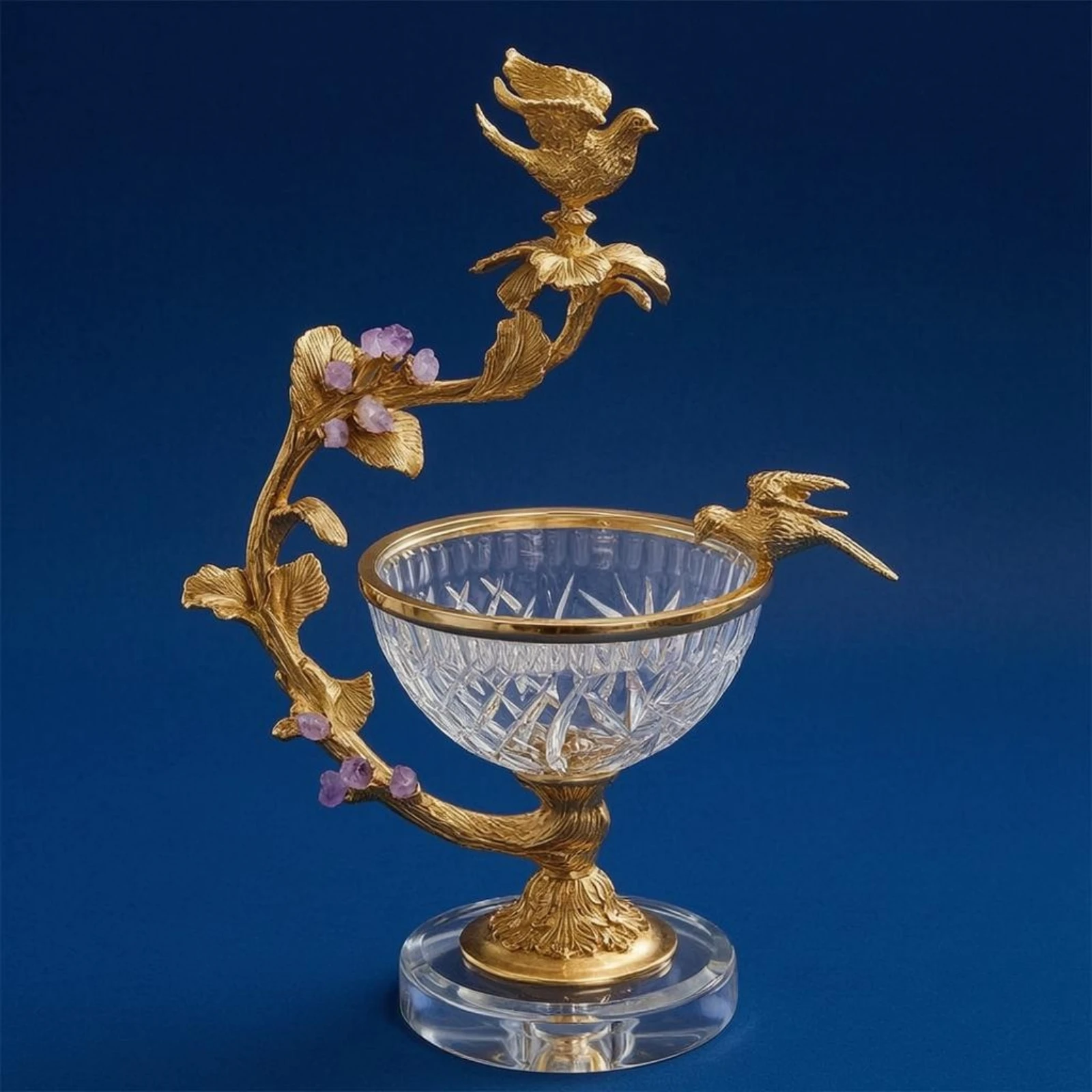 Crystal Fruit Basket Pedestal Base Ornate Crystal Basket Home Decoration Gold Tone Tall