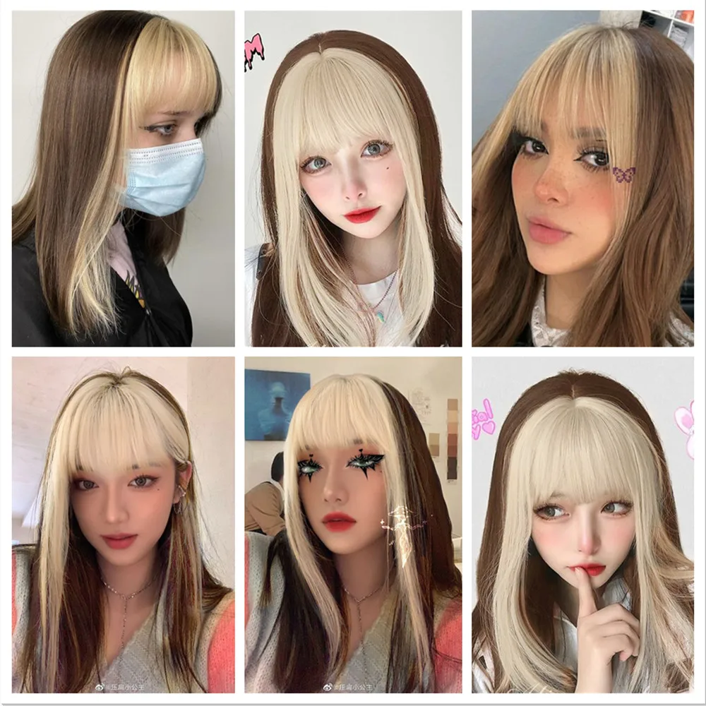 ALAN EATON Long Brown Layered Wigs with Blonde Bangs Straight Synthetic Wig Heat Resistant Fiber Mixed Color Wig for Party Daily