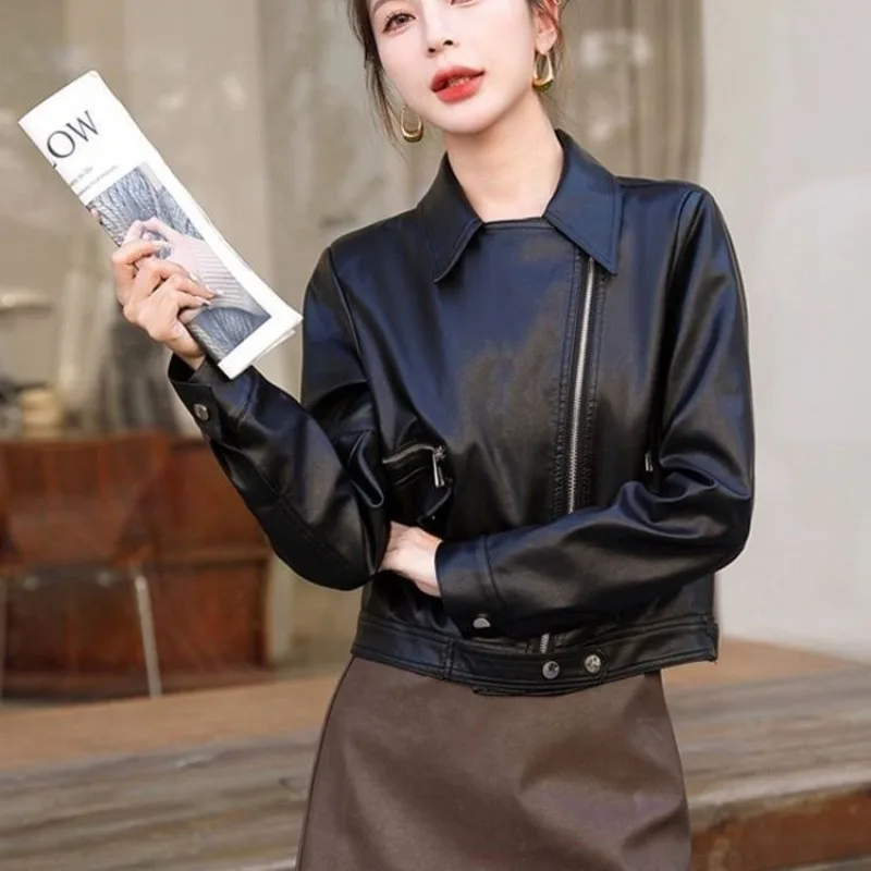 2025 spring and autumn Maillard short leather jacket women new fashion temperament small motorcycle leather jacket Winter jacket