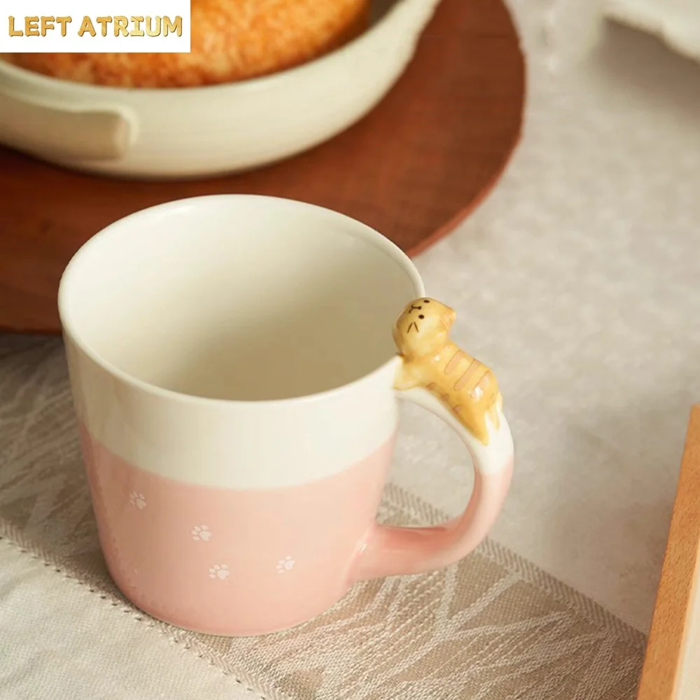 Cartoon Relief Cat Pattern Ceramic Cups Contrast Color Household Kids Breakfast Milk Mugs 270ML Office Water Drinkware Gifts