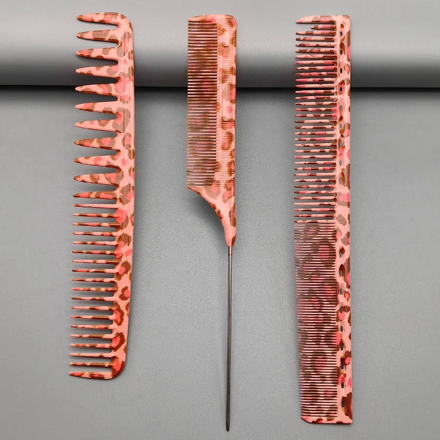 Leopard Print Hair Cutting Comb Set of Three, Useful Hair Cutting Comb, Professional Salon Styling Comb, Home Hairdressing Comb, Hairdresser's Comb, Tail Comb, Texture Comb for Oily Hair, Long Hair Comb