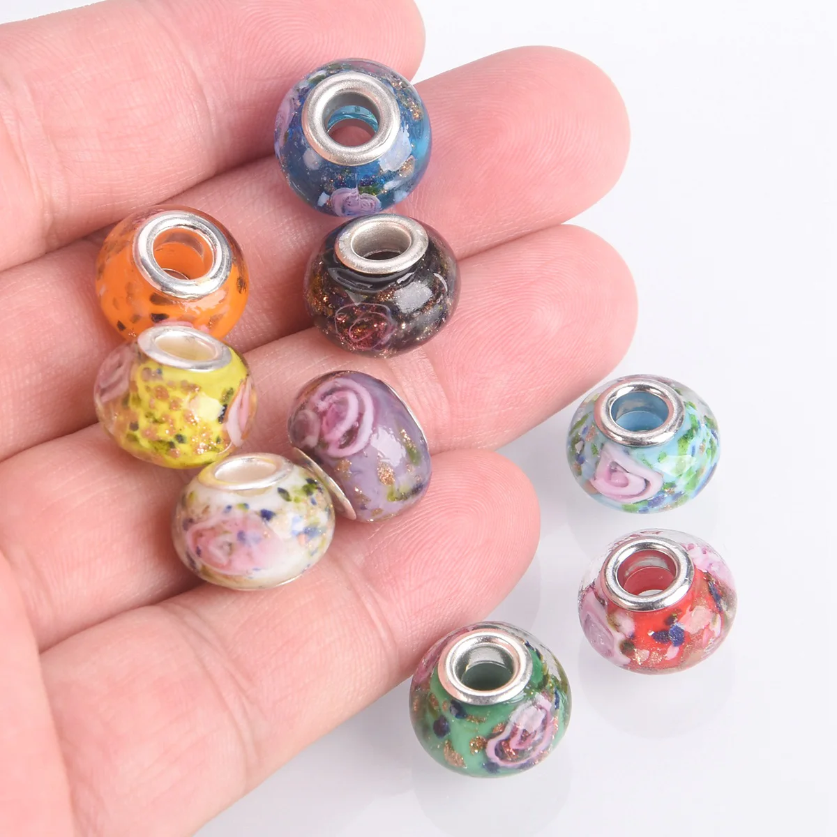 5PCS 14mm Rondelle Form Handgemachte Murano Lampwork Glas Europäischen Charme Große Loch Lose Perlen Für DIY Armband Erkenntnisse 1 # ~40 #