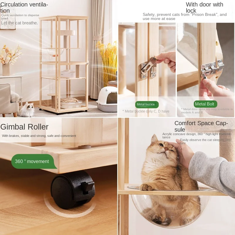 Pure solid wood paint-free acrylic cat villa cat nest climbing frame integrated breathable large indoor cat house cage