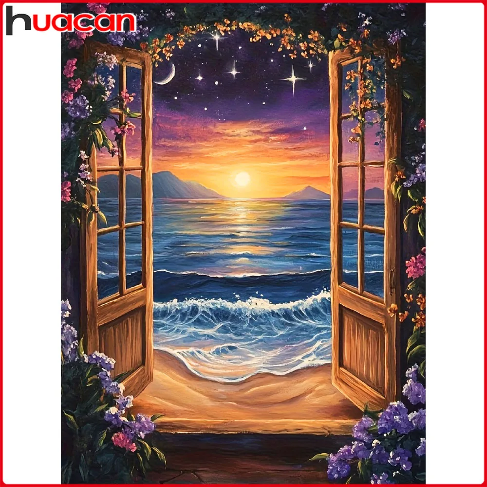 Huacan Diamantmalerei Sonnenuntergang am Meer Blumen Diamant-Mosaik Landschaft Komplettes Set Dekorative Gemälde