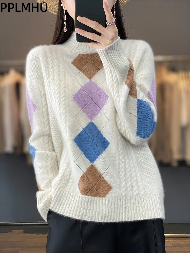 

Модный вязаный свитер контрастного цвета, женские повседневные водолазки с длинными рукавами, пуловеры с бриллиантами, мешковатые топы, джемперы