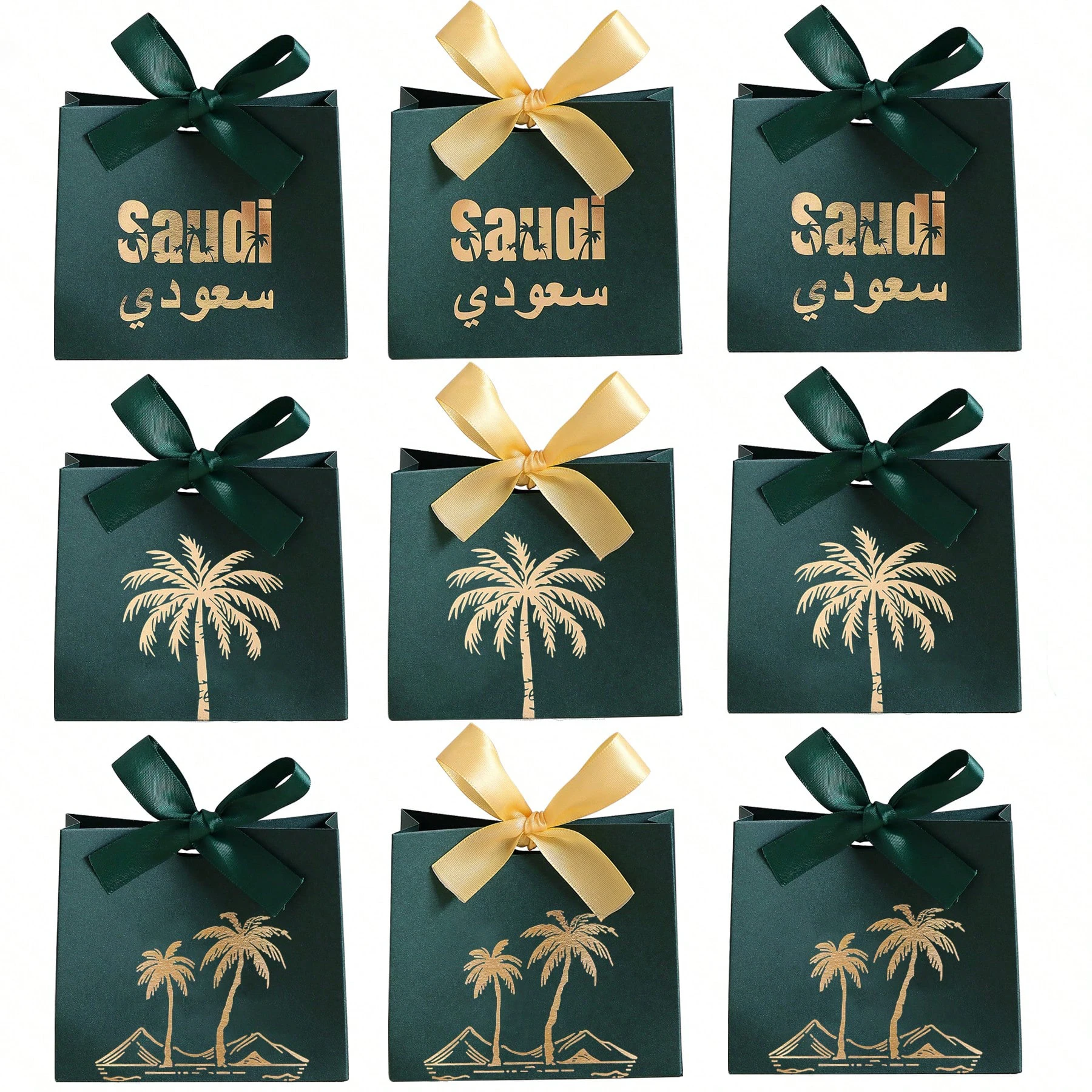 10 Stück elegante grüne Geschenktüten mit passendem Band, exquisite Palmen-Süßigkeitsschachtel für Partys im Saudi-Nationaltag, kleine Geschenkverpackung