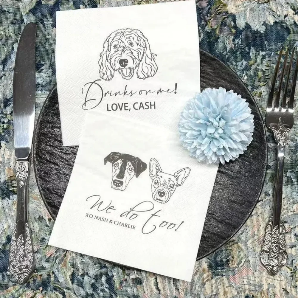 80 pcs Customized Wedding Napkins Napkins with Dogs & Cats,Bridal Shower,Engagement Party,Personalized Pet Cocktail Napkins