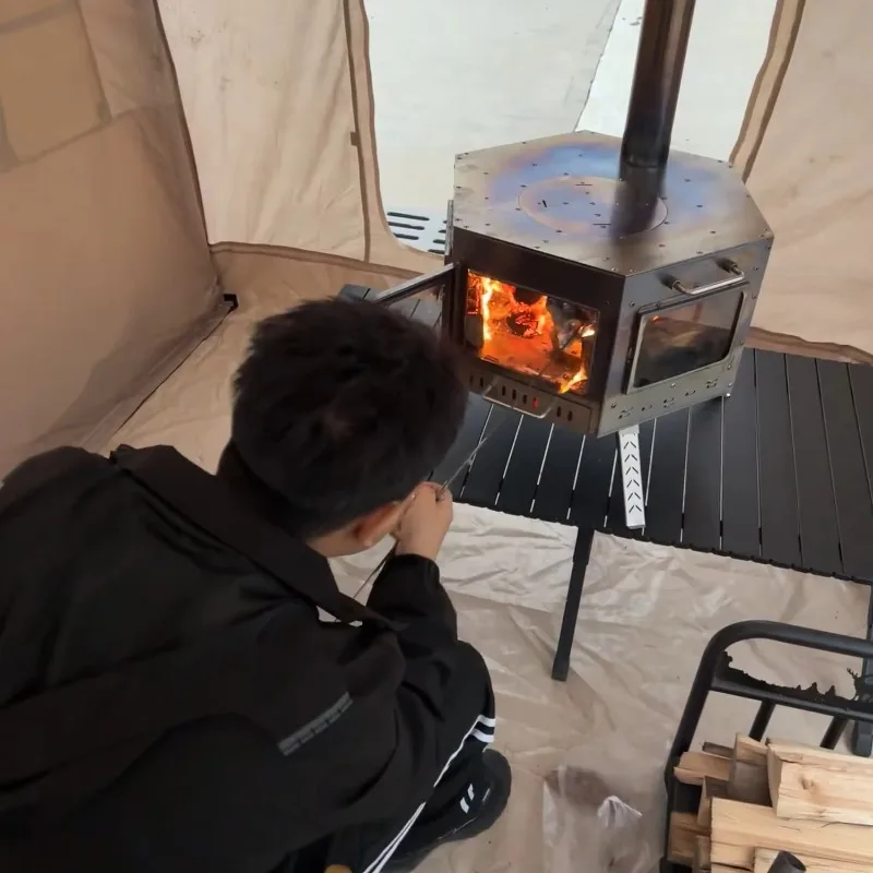 2026 Outdoor Picnic Barbecue Heating Self-Driving Tour Portable Camp Pyramid Camping Tent Stainless Steel Hexagonal Wood Stove