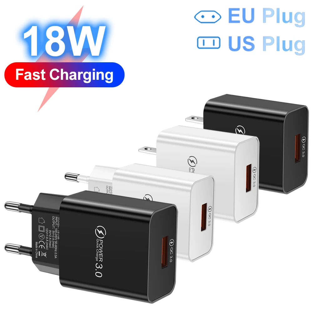 18W 3A Fast Charger USB Charger Quick Charge 3.0 Phone Charger for iPhone for Huawei Samsung Xiaomi 14 Redmi EU US Plug