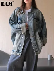 [EAM]  Blue Denim Casual Big Size Vintage Jacket New Lapel Long Sleeve Women Coat Fashion Tide Spring Autumn 2024 1DH7045