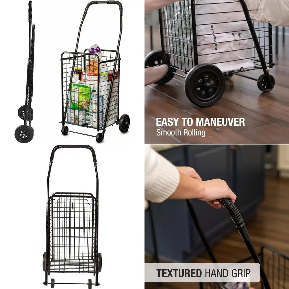 

Collapsible Shopping Cart with Wheels for Groceries, Laundry, Holds 90 lbs, Weighs 7.5 lbs, Black