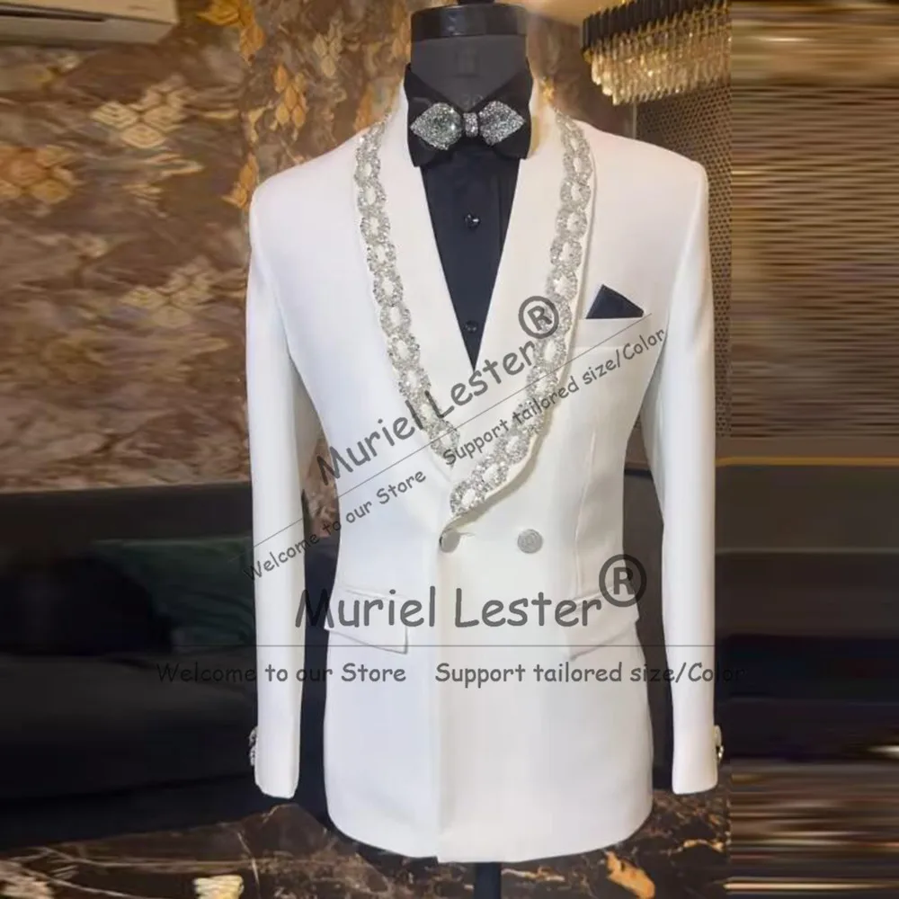 

Elegant Beaded Crystals Suit Men 2 Piece Set Double Breasted Jacket Pants Customized Banquet Man Groom Tuxedos Slim Fit Blazers