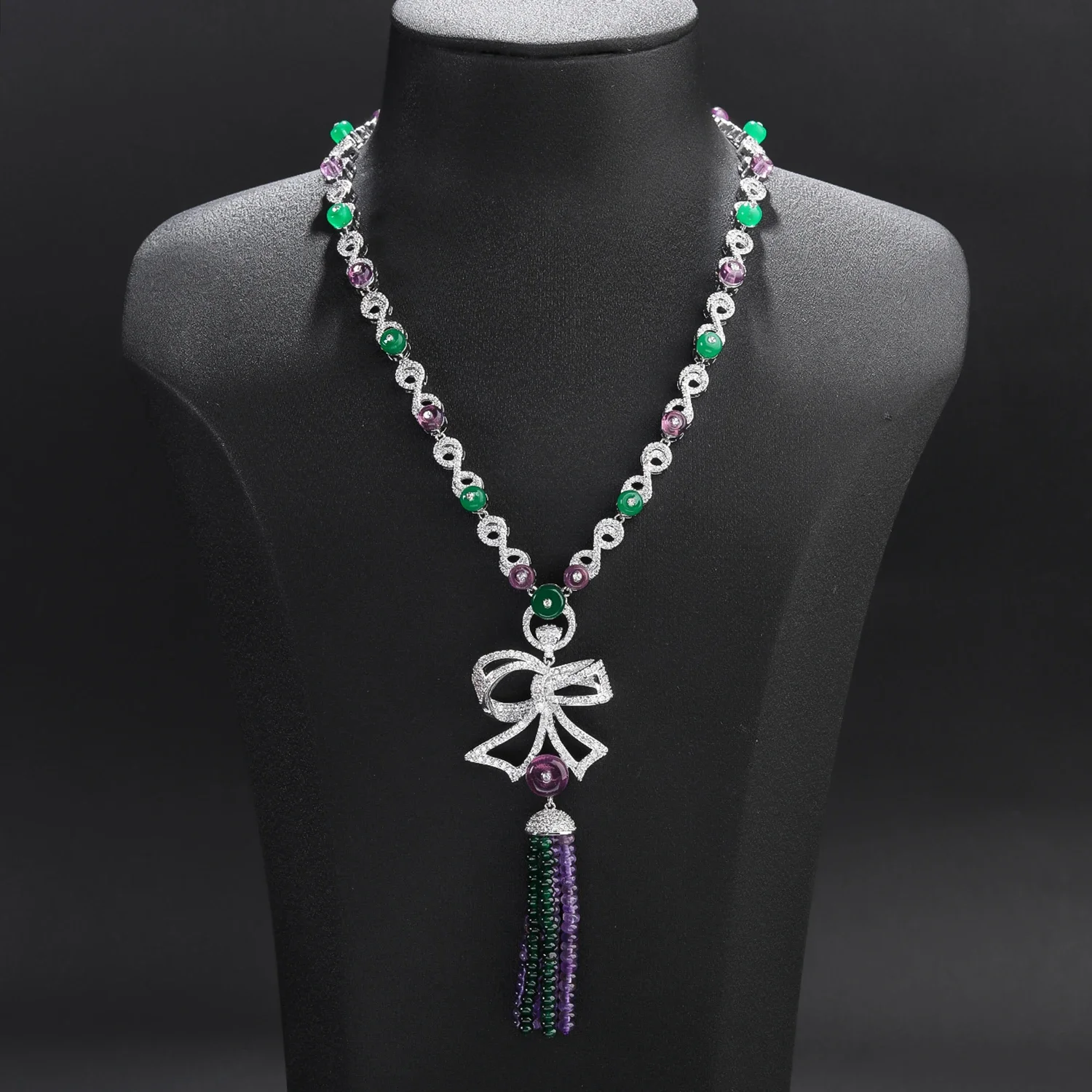 Luxury Elegant Cubic Zirconia Bowknot Tassels Pendant Design Necklace  Lady Party Accessories Wholesale CN11614