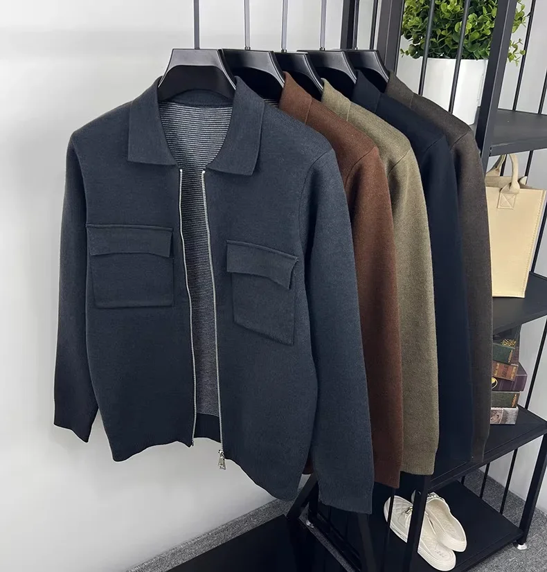 Męski kardigan z wełny z wysokiej jakości zamkiem błyskawicznym, luksusowy płaszcz na jesień/zimę z kieszeniami, jednolity kolor, ciepła kurtka swetrowa na co dzień.