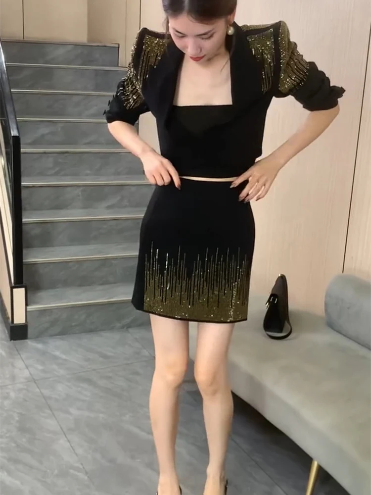 High-End Fashion Ensemble 2025 Autumn New Heavy Embellishment Suit Short Jacket High Waist  Skirt Glittering Trendsetter