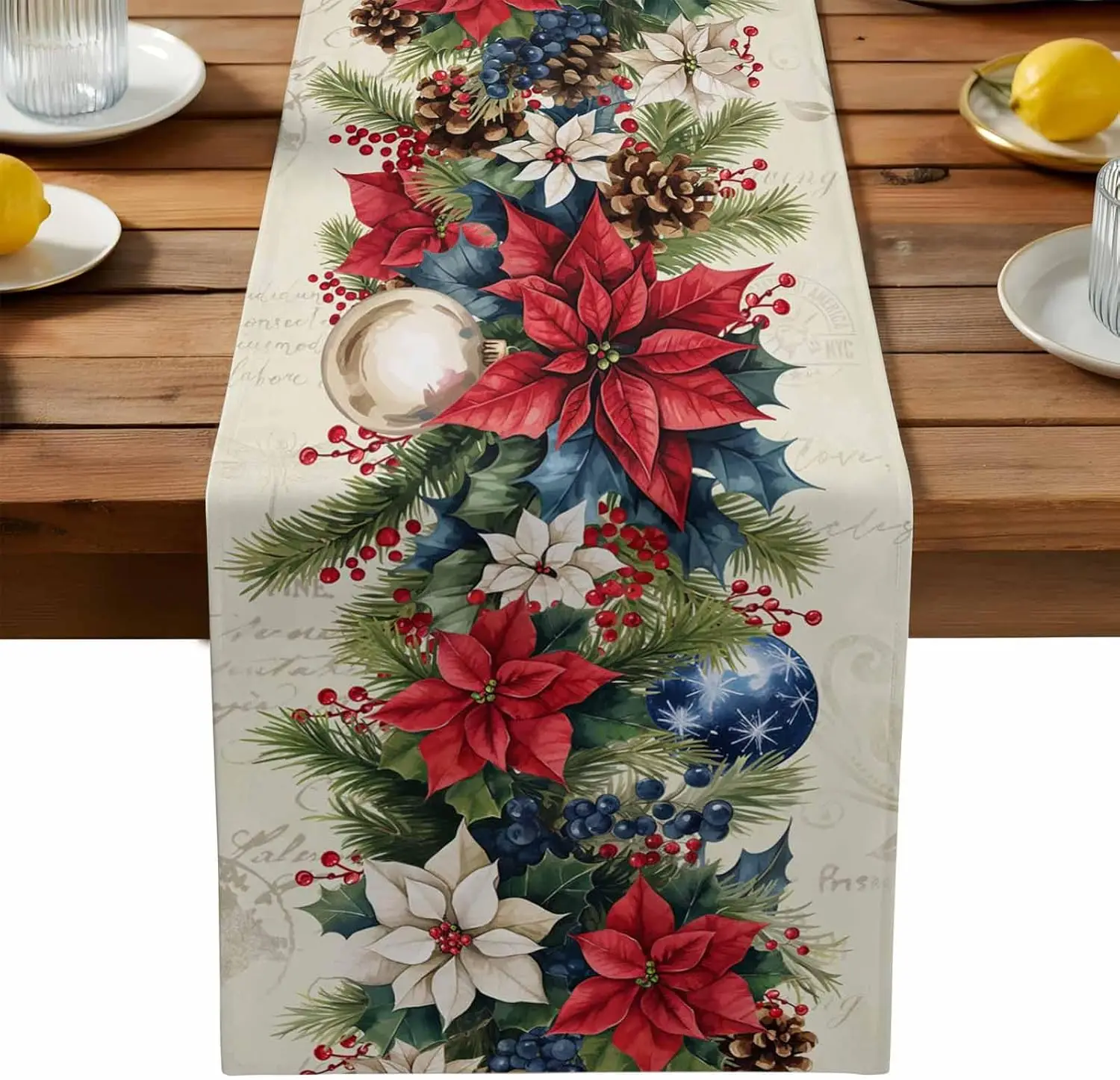 Christmas Poinsettia Holly Berries Table Runner Party Decor Winter Holidays Kitchen Dining Table Runner Christmas Decorations