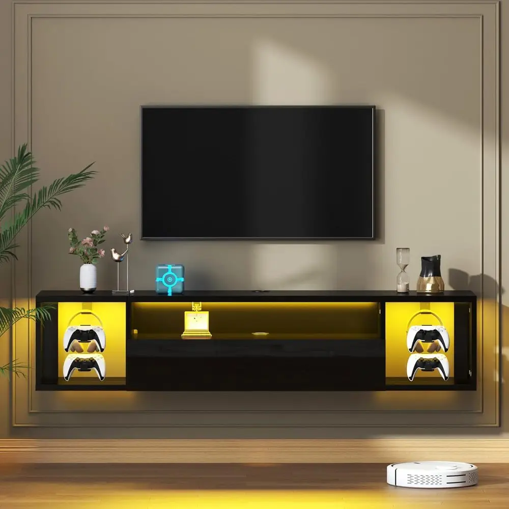 

55 Floating TV Stand with LED Lights, 3-Shelf Wall-Mounted Entertainment Center for Living Room and Bedroom, Black