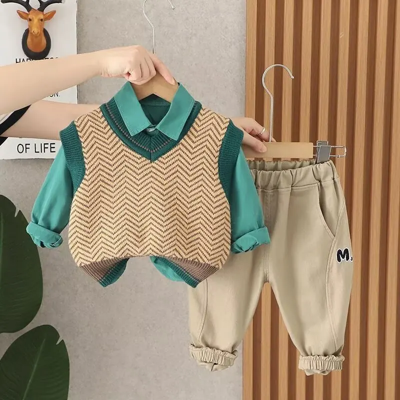 Baby Clothes Suit Casual Clothing Spring/autumn Fashion Baby Boys Three-piece Set Vest+Shirts+Pantss Cool Autumn