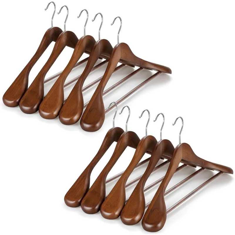 Wide Shoulder Wooden Hangers, Suit Hangers with Non Slip Pants Bar & 360° Swivel Hook, Solid Wood Heavy Duty Coat Hanger,10 Pack