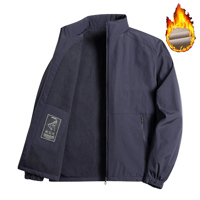 Herren Winterjacke mit Fleece-Futter, dicker Stoff, Stehkragen, einfarbig, für Business und Freizeit, winddicht, mit Reißverschluss, warme Herrenoberbekleidung. – Detail 5