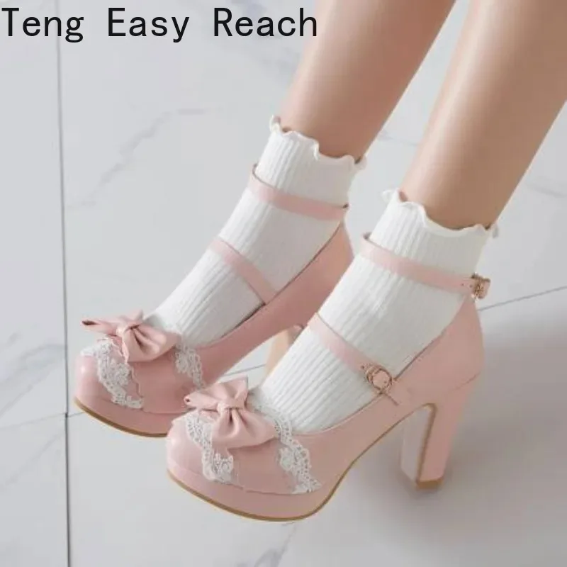 

Cross Strap Women High Heels Mary Jane Pumps Party Wedding Cosplay White Pink Black Strawberry Bow Princess Lolita Shoes