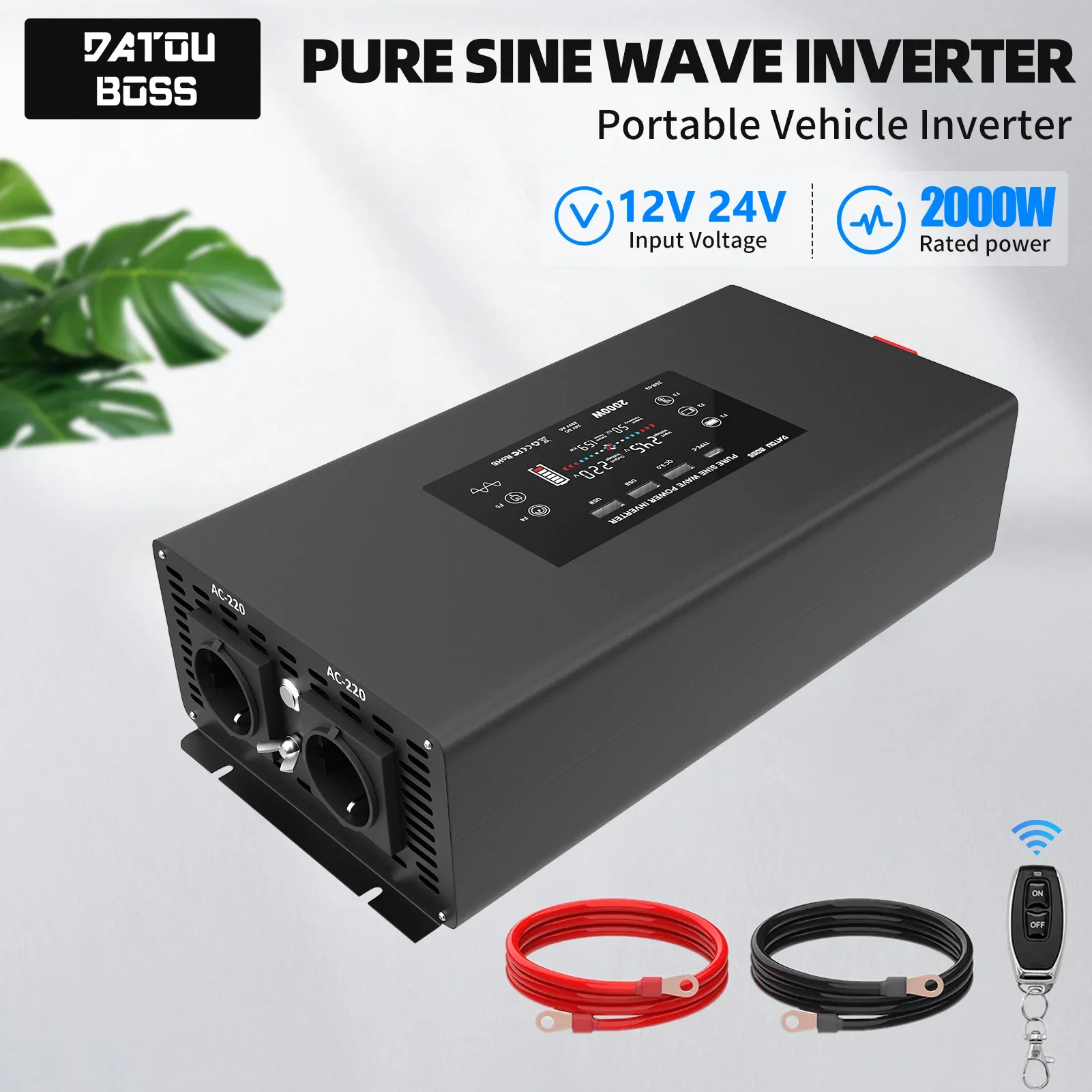 DATOUBOSS Pure Sine Wave Inverter 2000W 4000W DC12V/24V to AC220V-240V Voltage Converter Solar Inverter Portable Car Inverter