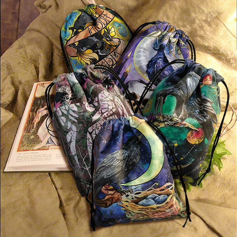 Colored Velvet Drawstring Pouch Gothic Raven Velvet Tarot Drawstring Bag Crow Moon Skull Print Pouch Tarot Card Holder Gift