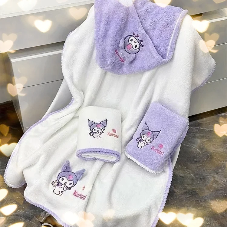 Kuromi Washcloth Bath Towel Dry Hair Cap Three Piece Set Household Soft Absorbent Coral Velvet Adult Bath Towel Set Towel Gift