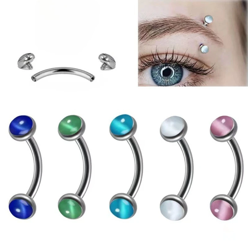 Titanium Internal Screw Luxury Cat's Eye Eyebrow Stud Versatile Curved Barbell Eyebrow Ring Niche Personality Piercing Jewelry