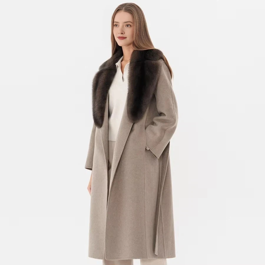 女性用ロングウールコート,本物のキツネの毛皮の襟,黒のジャケット,冬