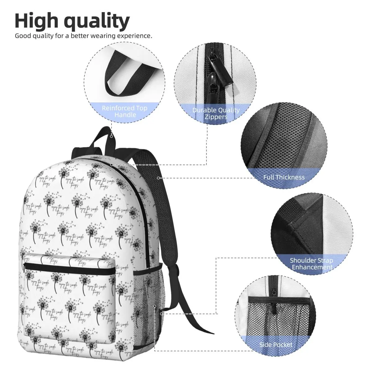 Dandelion Enjoy The Simple Things Backpack Student BookBag Kids School Bag Laptop Shoulder Bags for Men Women