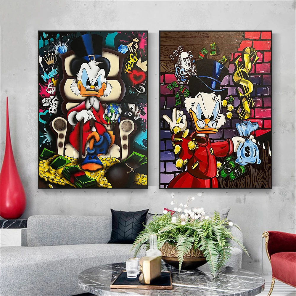 Graffiti Wall Art Scrooge Mcduck Poster Disney Cartoon Pop Art Street Prints Coins Money Success Canvas Painting Office Decor